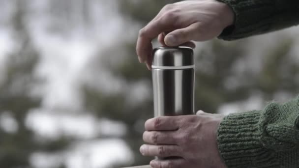 Man Opens Silver Vacuum Flask — Video Stock