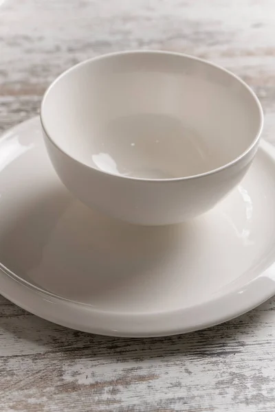 Empty White Plate White Wooden Table — Stock Photo, Image