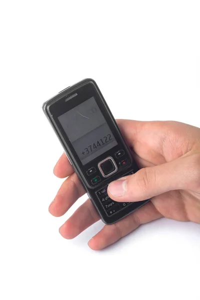 Παλιά Push Button Κινητό Τηλέφωνο Στο Χέρι Απομονώνονται Λευκό Φόντο — Φωτογραφία Αρχείου