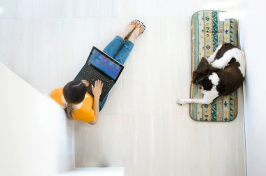 Genç bir kadın köpeğiyle yerde yatıyor ve bir dizüstü bilgisayar üzerinde çalışıyor.