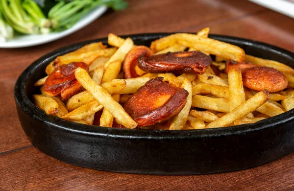 Frying Pan Pieces Fried Sausage Potato — Stockfoto