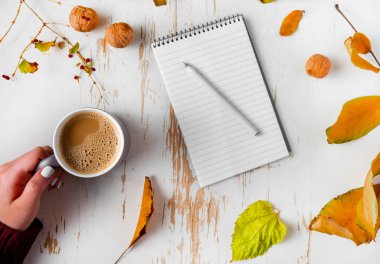 Sarı yapraklı, cevizli ve kalemli, sonbahar kompozisyonu olan eski püskü bir masanın üzerinde bir fincan kahveyi tutan kadınların üst görüntüsü.