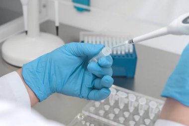 Araştırma laboratuvarında kan tüpü testi yapan doktor. Corona virüsü salgını aşısı geliştirme konsepti.