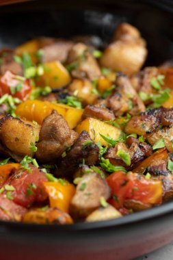 Hafif arka planda seramik kasede sebzeli kızarmış et. Seçici odak.