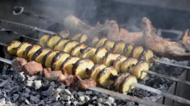 Piknikte ızgarada et ve patates kızartması yapan kişi