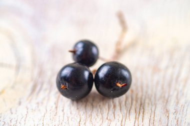 Siyah frenk üzümü ahşap bir masada, yakın plan, makro