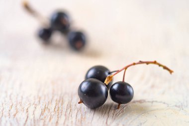 Siyah frenk üzümü ahşap bir masada, yakın plan, makro