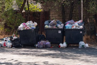 Konut binasının bahçesindeki çöp tenekeleri. Çevre kirliliği.