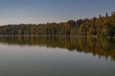 Gölü ve sonbahar ağaçları olan güzel bir manzara.