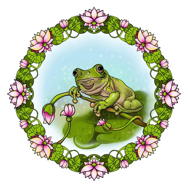 Obrázek Žáby Jezeře Lotosovými Květy Dekorativní Kresba Pro Potisk Textilu — Stock fotografie