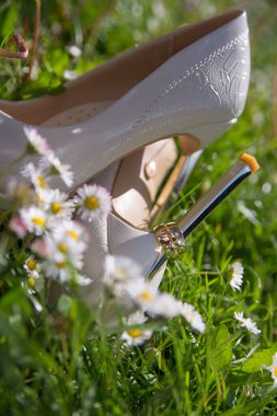 womens wedding shoes with gold hoops lying on a green meadow