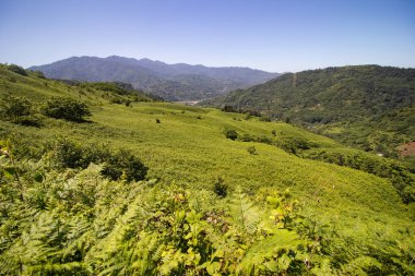 Arkasında yeşil çimenler ve mavi gökyüzü olan dağ manzarası. Adjara, Georgia
