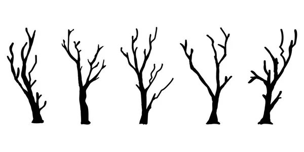 Zwarte Tak Boom Naakte Bomen Silhouetten Set Handgetekende Geïsoleerde Illustraties — Stockvector