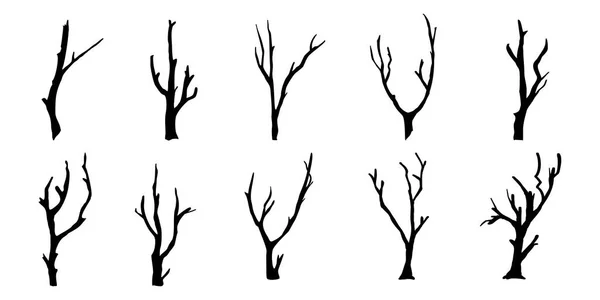 Μαύρο Κλαδί Δέντρο Γυμνά Δέντρα Σιλουέτες Που Χειροποίητες Μεμονωμένες Απεικονίσεις — Διανυσματικό Αρχείο