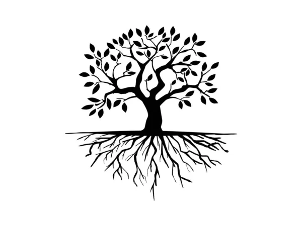 黑树和有叶子的树根看起来美丽而清新 Logo风格的树和根 图库矢量图片