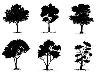 Kara Dal Ağacı ya da Çıplak Ağaç siluetleri. El çizimi izole çizimler.