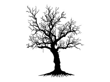 Kökü ya da çıplak ağaç silueti olan Kara Dal Ağacı. El çizimi izole çizimler.