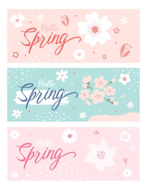 Bahar afiş Merhaba. Modaya uygun doku. Sezon meslek, haftasonu, tatil logosu. Bahar zaman duvar kağıdı. Mutlu bahar günü. Bahar vektör yazı metin. Moda stil. Vektör çiçek.