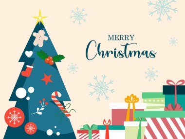 Noel ve Yeni Yıl kutlamaları. Noel dekoratif unsurları ve tipografi tasarımlı Kış Trendi vektör çizimi. Reklamlar, kapak, sosyal medya için parlak Noel afişleri.