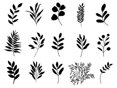 Eğreltiotu yeşil ormanının vektör tasarım elementleri koleksiyonu, yeşil sanat siluet güzellik dekorasyonunda doğal bitkiyi bırakır tasarım için zarif bir illüstrasyon.