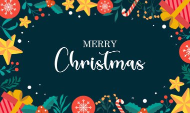 Noel ve Yeni Yıl kutlamaları. Noel dekoratif unsurları ve tipografi tasarımlı Kış Trendi vektör çizimi. Reklamlar, kapak, sosyal medya için parlak Noel afişleri.