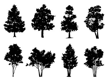 Beyaz arkaplanda izole edilmiş ağaç sembolü silueti biçimi koleksiyonu. İşiniz için kullanılabilir..