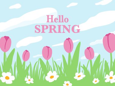 Bahar afiş Merhaba. Modaya uygun doku. Sezon meslek, haftasonu, tatil logosu. Bahar zaman duvar kağıdı. Mutlu bahar günü. Bahar vektör yazı metin. Moda stil. Vektör çiçek.