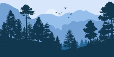 Orman ve dağ siluetleri. Mavi arkaplanda doğal izole.