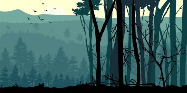 Orman ve dağ siluetleri. Mavi arkaplanda doğal izole.