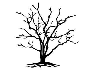 Kara Dal Ağacı ya da Çıplak Ağaçlar ve kök siluetleri. El çizimi izole çizimler.