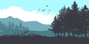 Orman ve dağ siluetleri. Mavi arkaplanda doğal izole.