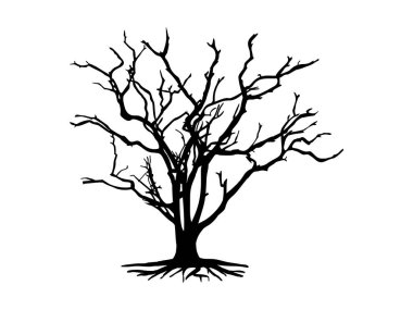 Kara Dal Ağacı ya da Çıplak Ağaçlar ve kök siluetleri. El çizimi izole çizimler.