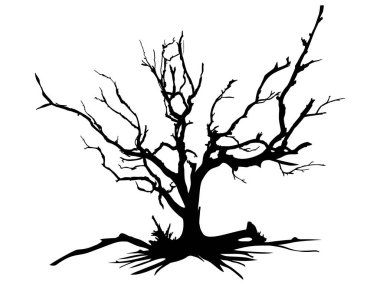 Kara Dal Ağacı ya da Çıplak Ağaçlar ve kök siluetleri. El çizimi izole çizimler.