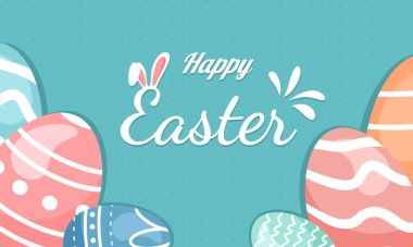 Paskalya bayrağınız kutlu olsun. Typography ile moda Paskalya tasarımı, pastel renkte yumurtalar. Modern minimal stil. Yatay poster, tebrik kartı, web sitesi başlığı.