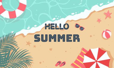 Merhaba yaz sezonu ve doğa sahili güzel yaz afişi tasarım şablonu. yatay poster, tebrik kartı, web sitesi başlığı.