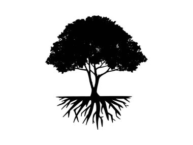 Beyaz arka planda izole edilmiş ağaç ve kök silueti. Ağaç ve kökler LOGO biçimi.