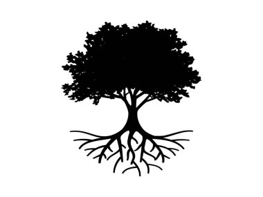 Beyaz arka planda izole edilmiş ağaç ve kök silueti. Ağaç ve kökler LOGO biçimi.