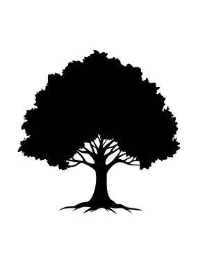 Yapraklı siyah ağaçlar ve kökler güzel ve ferahlatıcı görünüyor. Ağaç ve kökler LOGO biçimi.