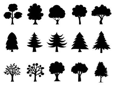 Beyaz arkaplanda izole edilmiş ağaç sembolü silueti biçimi koleksiyonu. El çizimi izole çizimler.