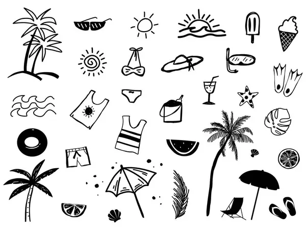 Yaz tatili karalama tarzı çizim seti. Plaj partisi, piknik, düğün ya da randevu için deniz tatili koleksiyonu.