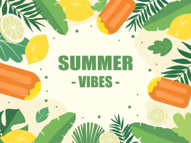 Merhaba yaz dönemi konsept tasarımı. Satış sonrası şablonu için yaratıcı soyut arka plan ve yaz mevsimi renklerinde bitki.