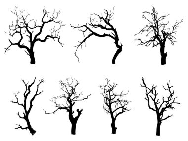 Kara Dal Ağacı ya da Çıplak Ağaçlar ve Kök Siluetlerini Ayarlayın. El çizimi izole çizimler.