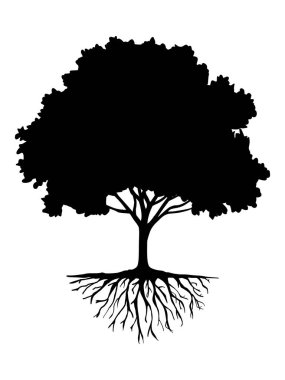 Yaprak sembollü siyah ağaçlar ve kökler güzel ve ferahlatıcı görünüyor. Ağaç ve kökler LOGO biçimi.