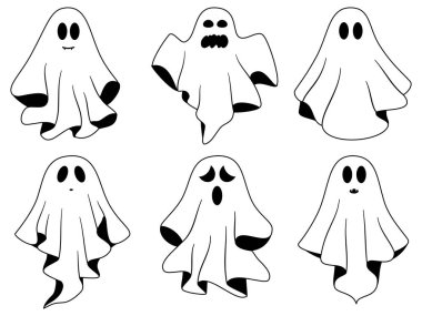 Retro Groovy Vibe Set ile Çizgi Film Çizgi Filminde Cadılar Bayramı Hayalet Vektörü İllüstrasyonu.