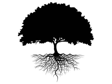 Yaprakları siluetli kara ağaç ve kökler güzel ve ferahlatıcı görünüyor. Ağaç ve kökler LOGO tarzı. El çizimi izole çizimler.