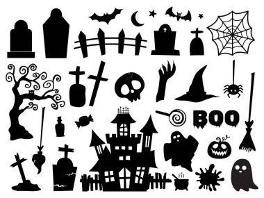 Cadılar Bayramı öğesi siluet seti çiziyor. Parmak izleri için Cadılar Bayramı Tasarımı, kartpostallar, posterler, çıkartmalar, süslemeler için Mutlu Cadılar Bayramı Tasarımı. Vektör illüstrasyonu.