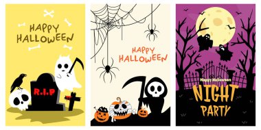 Mutlu Cadılar Bayramı posterleri. Kabaklı, hayaletli ve yarasalı düz vektör çizimi. Karikatür cadılar bayramı hediye kartı. Dekorasyon kapağı, afiş, kart, sosyal medya, etkinlik için moda tatil ilanları.