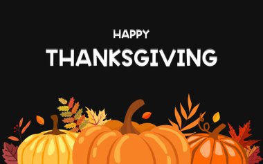 Mutlu Şükran Günü yatay bayrağı. Balkabağı ve sonbahar yapraklı moda Şükran Günü afişi - sosyal medya, tebrik kartları, promosyon ve reklam için mükemmel yatay arkaplan. 