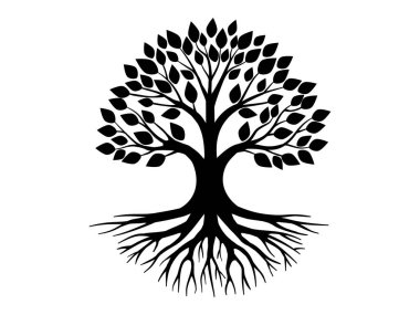 Yaşam ağacı logosu bu basit ama çarpıcı siyah siluet ile temsil edilir, yapraklardan ve görülebilir köklerden oluşan taç ile gelişen bir ağacı gösterir, canlılığı ve bağlantıyı sembolize eder..