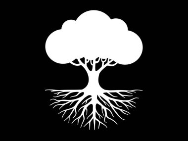 Yaşam Ağacı, dallarını yansıtan ve bağlantıyı sembolize eden bu simgesel siyah beyaz siluet logosu ve karmaşık kök sisteminde görsel olarak temsil edilir..